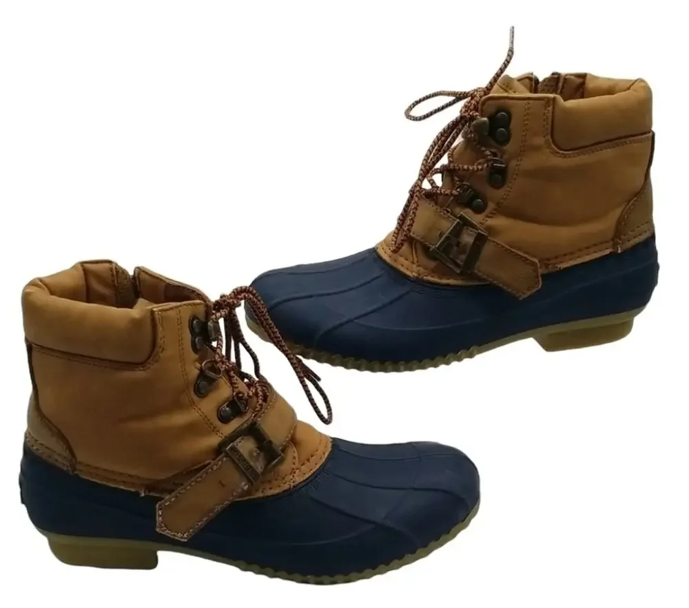 Tommy Hilfiger Women's SZ 8 Duck Boots Brown Blue Low Top Fleece Lined Leather